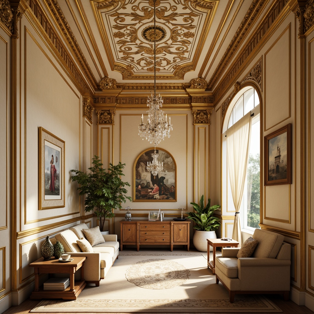 Prompt: Intricate ornamental moldings, luxurious gold accents, elaborate floral patterns, soft cream-colored walls, rich wood paneling, grandiose ceiling designs, sophisticated furniture pieces, lavish chandeliers, opulent fabrics, majestic architectural details, refined classicism, subtle shadows, warm golden lighting, 1/1 composition, dramatic depth of field.