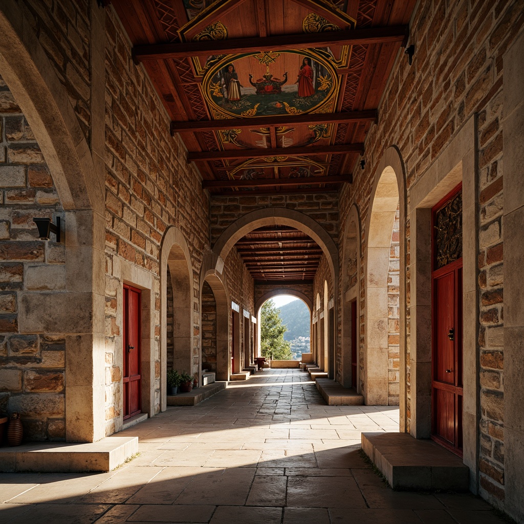 Prompt: Ancient monastery complex, rustic stone walls, crimson red accents, ornate wooden doors, golden iconography, intricate frescoes, vaulted ceilings, arched windows, solemn atmosphere, warm afternoon light, soft shadows, 1/1 composition, realistic textures, ambient occlusion.