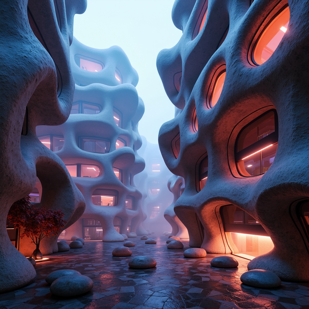 Prompt: Organic blob-shaped buildings, undulating facades, rough-textured concrete surfaces, irregular geometries, futuristic architecture, sci-fi inspired designs, alien-like structures, bold vibrant colors, neon lighting accents, atmospheric misting systems, foggy surroundings, mysterious ambiance, dramatic shadows, high-contrast lighting, 1/1 composition, shallow depth of field, realistic reflections.