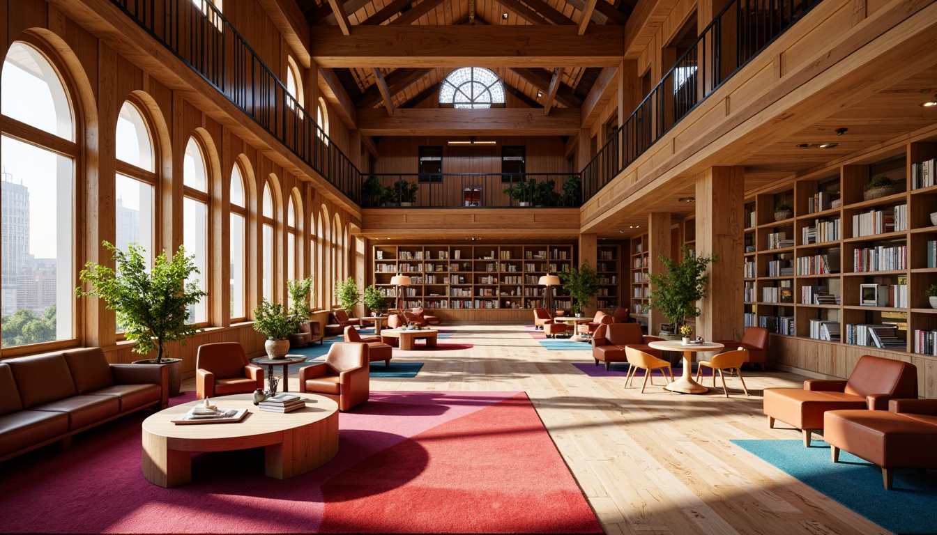 Prompt: Vibrant library interior, warm wood tones, cozy reading nooks, plush carpets, rich leather armchairs, floor-to-ceiling bookshelves, modern minimalist tables, comfortable study areas, bright colorful accents, geometric patterned rugs, natural light pouring in, soft warm lighting, 1/1 composition, shallow depth of field, realistic textures, ambient occlusion.