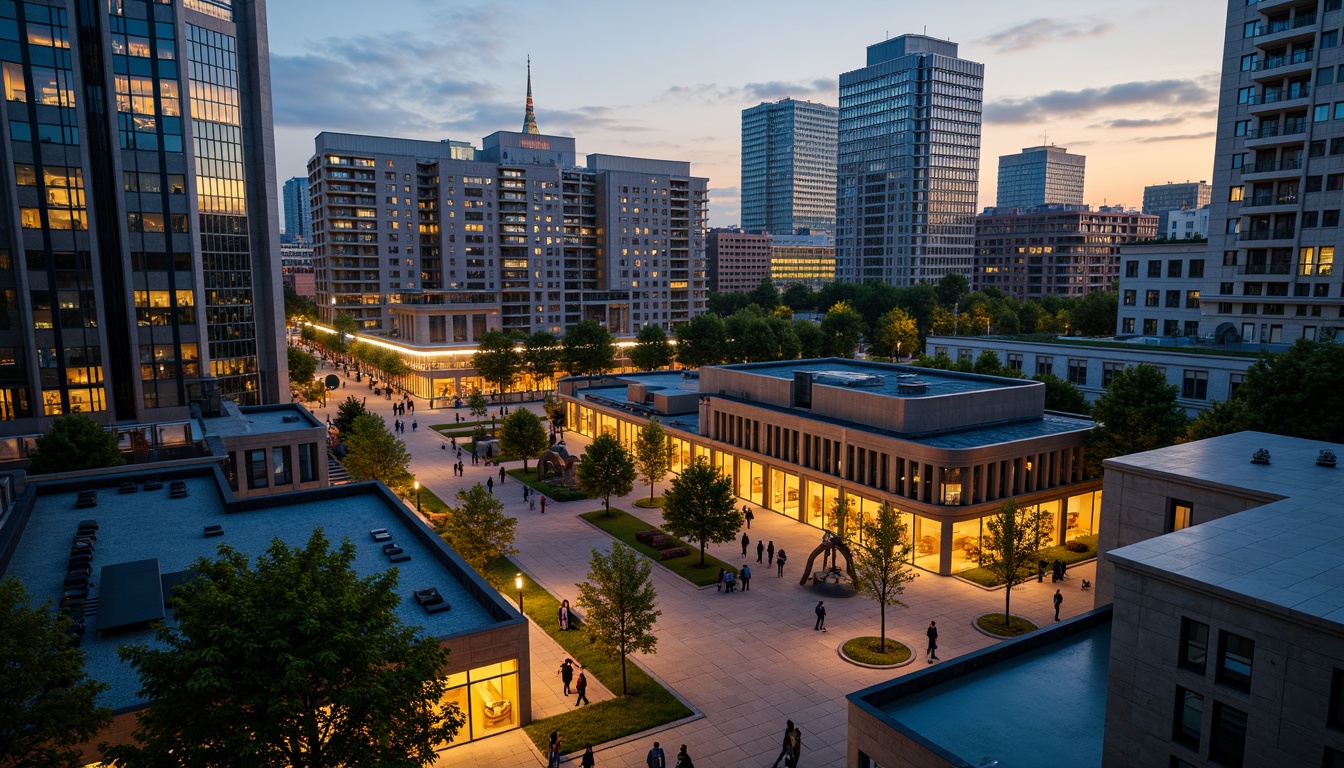 Prompt: Vibrant cityscape, modern skyscrapers, bustling streets, urban parks, green roofs, mixed-use development, pedestrian-friendly infrastructure, public art installations, dynamic streetlights, lively night scenes, cinematic drone shots, 1/1 composition, shallow depth of field, warm golden lighting, realistic textures, ambient occlusion.