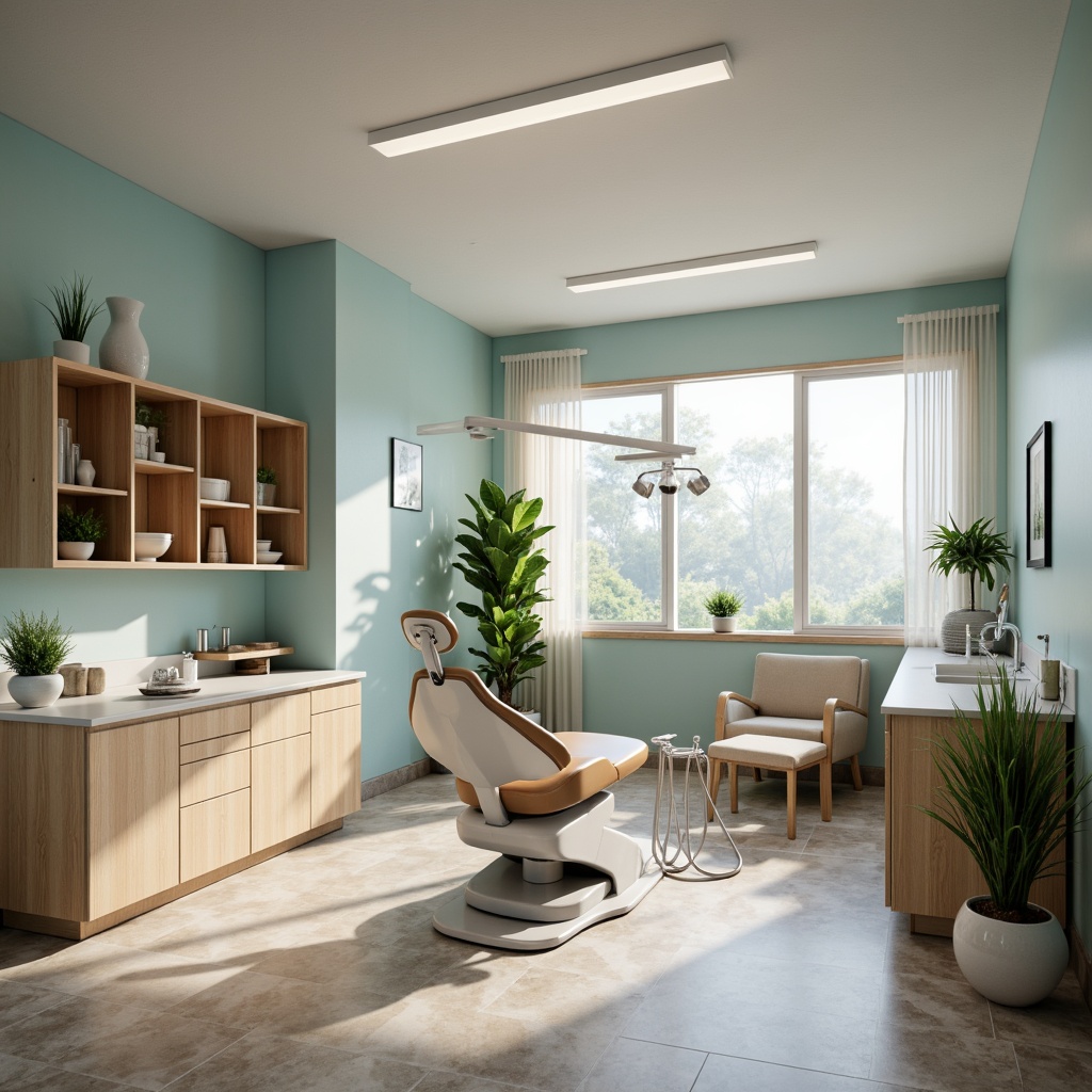 Prompt: Calming dental clinic, soft blue hues, gentle cream tones, warm beige accents, natural wood furniture, minimalist decor, subtle texture patterns, sterile stainless steel equipment, modern LED lighting, refreshing greenery, serene atmosphere, shallow depth of field, 1/1 composition, realistic materials, ambient occlusion.Let me know if you'd like me to generate another one!