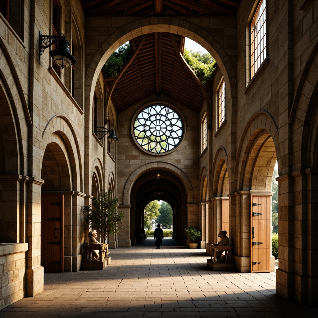 Prompt: Romanesque church, rounded arches, rusticated stone walls, ornate carvings, grand entranceways, heavy wooden doors, iron hinges, stained glass windows, rose windows, ribbed vaults, clerestory windows, column capitals, carved foliage, grotesque sculptures, weathered stone fa\u00e7ade, aged brickwork, moss-covered roofs, dramatic chiaroscuro lighting, high contrast shadows, warm golden tones, atmospheric perspective, 2-point perspective composition.