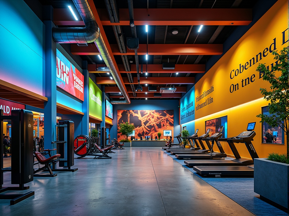 Prompt: Vibrant fitness club interior, bold primary colors, energetic accents, motivational quotes, modern industrial design, exposed ductwork, polished concrete floors, sleek metal equipment, neon-lit corridors, dynamic lighting effects, high-contrast color scheme, deep blues, fiery oranges, bright yellows, invigorating greens, natural wood tones, textured fabrics, geometric patterns, futuristic ambiance, dramatic shadows, 1/2 composition, cinematic lighting, realistic textures.