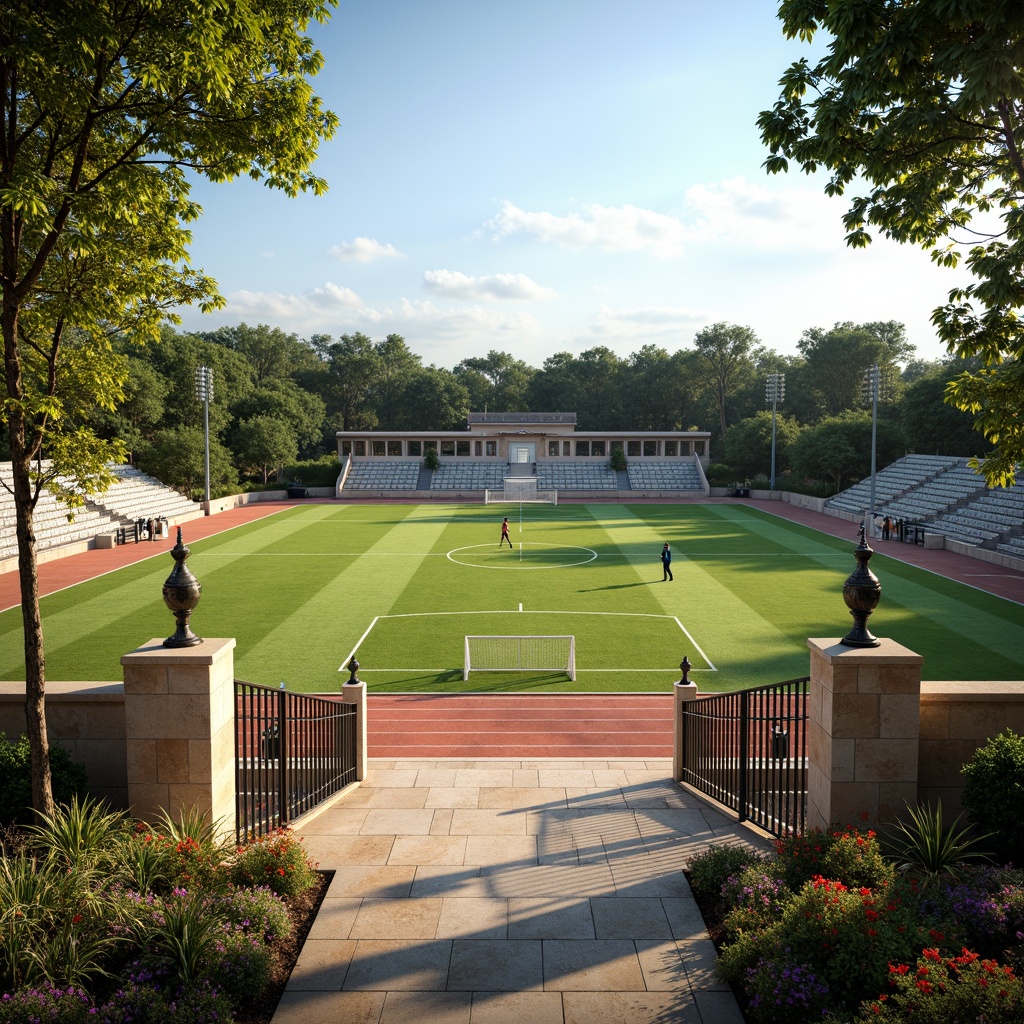 Prompt: Rustic sports field, natural stone walls, arched entrance gates, ornate metal fences, lush green grass, vibrant flowers, athletic tracks, soccer goals, tennis courts, basketball hoops, stadium seating, Roman-inspired columns, ancient ruin accents, earthy color palette, warm sunny day, soft diffused lighting, shallow depth of field, 3/4 composition, panoramic view, realistic textures, ambient occlusion.