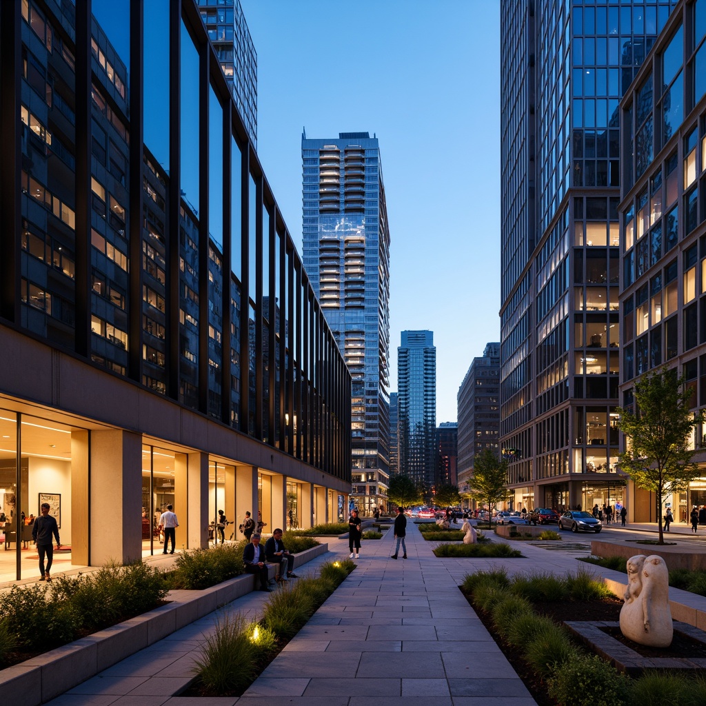 Prompt: Modern memorial center, sleek glass facade, urban skyscrapers background, bustling commercial district, busy streets, pedestrians, vehicles, neon lights, evening atmosphere, warm streetlights, shallow depth of field, 1/2 composition, vibrant cityscape, realistic textures, ambient occlusion, peaceful inner courtyard, tranquil water features, natural stone walls, minimalist landscaping, abstract sculptures, commemorative plaques, solemn atmosphere, soft warm lighting.