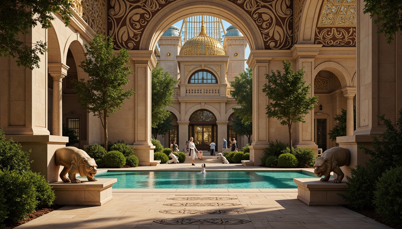 Prompt: Intricate stone carvings, ornate domes, golden mosaics, vibrant turquoise accents, exotic animal sculptures, lush greenery, majestic lions, playful monkeys, elegant fountains, intricate ironwork, grand archways, ornate columns, Byzantine-inspired patterns, warm golden lighting, soft shadows, 3/4 composition, realistic textures, ambient occlusion.