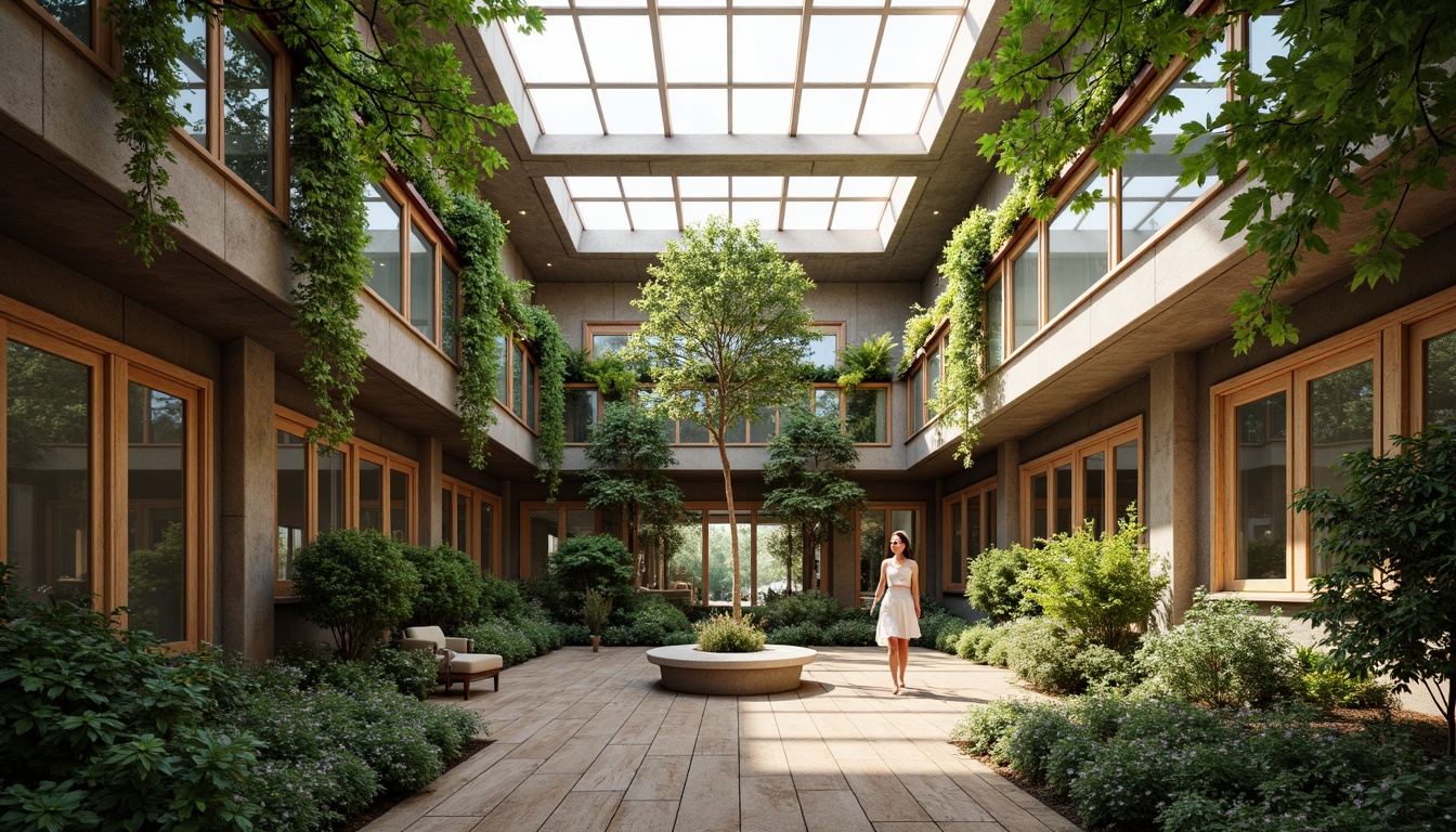 Prompt: Vibrant atrium, lush greenery, natural stone walls, floor-to-ceiling windows, clerestory rooflights, skylights, solar tubes, reflective surfaces, minimalist decor, earthy tones, warm ambiance, soft diffused lighting, high ceilings, open plan layout, wooden flooring, rustic textures, nature-inspired patterns, organic forms, sustainable materials, energy-efficient systems, eco-friendly design, bright airy spaces, serene atmosphere, shallow depth of field, 3/4 composition, realistic rendering.