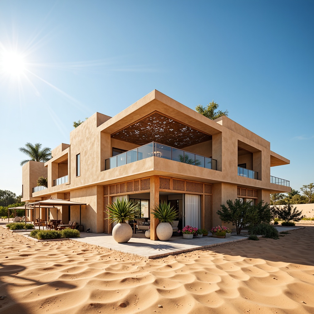 Prompt: Arabic-inspired architecture, sandy dunes background, hot sunny day, clear blue sky, vast open space, modern futuristic facade treatment, perforated metal screens, wind-sand erosion resistant materials, water-efficient systems, green roofs, eco-friendly coatings, photovoltaic panels, angular lines, minimalist design, shaded outdoor spaces, misting systems, vibrant colorful textiles, intricate geometric motifs, high-contrast lighting, dramatic shadows, 3/4 composition, realistic textures, ambient occlusion.