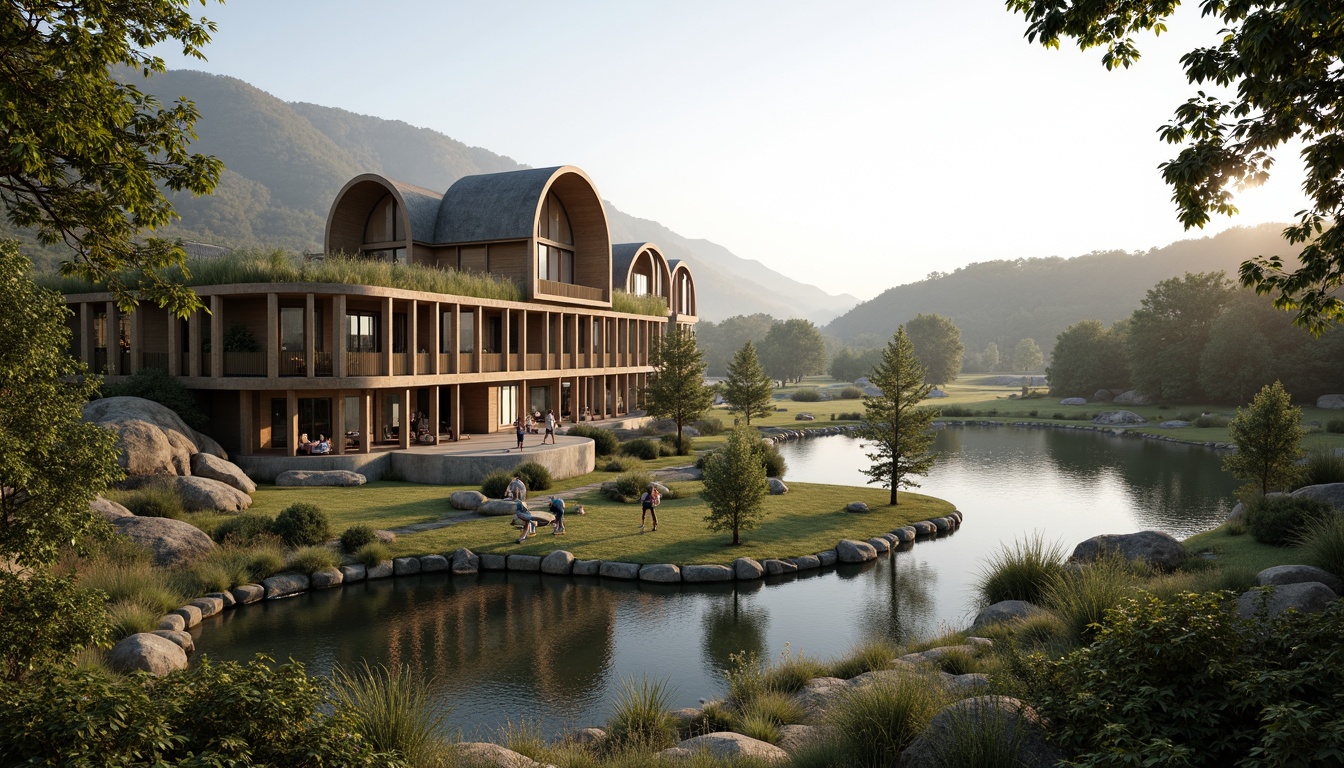 Prompt: Seamless site integration, organic architecture, curved lines, natural materials, reclaimed wood, living roofs, green walls, lush vegetation, water features, ponds, fountains, walking trails, native plants, scenic views, misty mornings, warm sunlight, soft shadows, 1/2 composition, atmospheric perspective, subtle color palette, realistic textures.