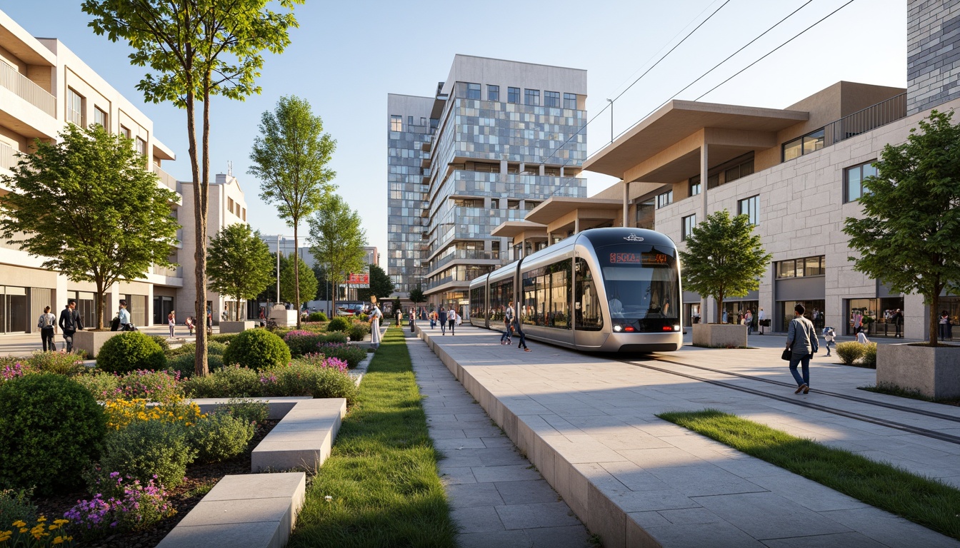 Prompt: Futuristic tram station, sleek metallic curves, glass fa\u00e7ade, LED lighting, modern urban landscape, vibrant cityscape, green roofs, eco-friendly materials, innovative cooling systems, shaded outdoor spaces, misting systems, angular lines, minimalist design, sustainable energy solutions, solar panels, wind turbines, water conservation systems, Arabic-inspired patterns, vibrant colorful textiles, intricate geometric motifs, bustling streets, pedestrian walkways, urban parks, natural stone benches, lush greenery, blooming flowers, sunny day, soft warm lighting, shallow depth of field, 3/4 composition, panoramic view, realistic textures, ambient occlusion.