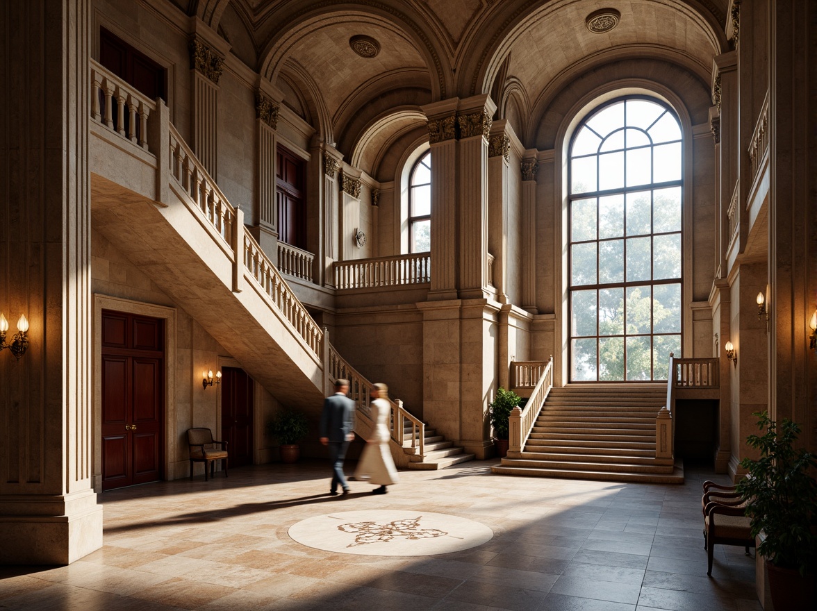 Prompt: Majestic courthouse, neoclassical architecture, granite walls, ornate columns, grand staircases, rich wood tones, elegant chandeliers, sophisticated color palette, earthy reds, muted golds, creamy whites, deep blues, warm beige, subtle grays, refined textures, intricate moldings, regal atmosphere, natural light pouring in, dramatic shadows, 1/1 composition, shallow depth of field, soft focus effect.