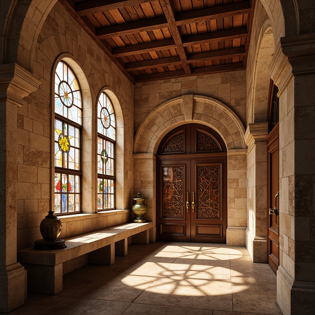 Prompt: Warm earthy tones, rustic stone walls, arched windows, rounded columns, ornate carvings, vibrant stained glass, rich terracotta roofs, weathered bronze doors, intricate mosaic patterns, soft warm lighting, shallow depth of field, 1/1 composition, realistic textures, ambient occlusion.