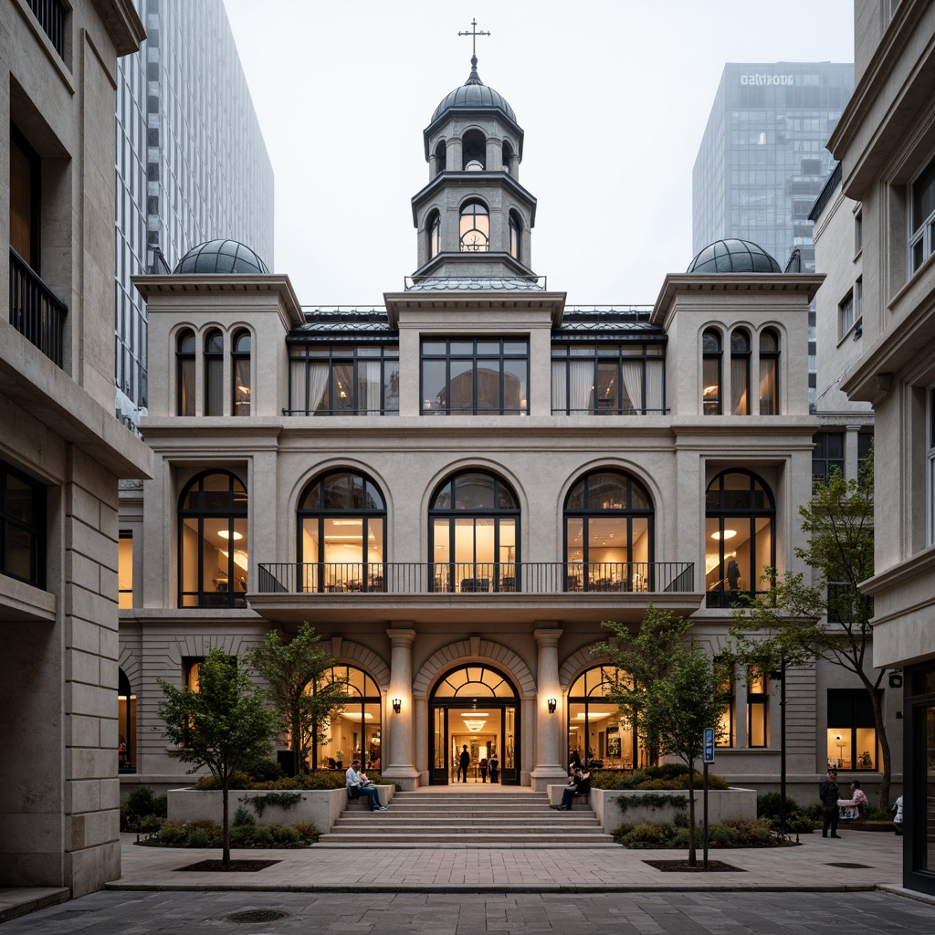 Prompt: Historic courthouse facade, modern glass extensions, grand entrance halls, ornate columns, intricate stonework, rusticated bases, classical arches, sleek metal handrails, polished marble floors, rich wood paneling, grand staircases, vaulted ceilings, natural stone walls, copper roofing, ornamental clock towers, bustling urban surroundings, morning fog, soft warm lighting, shallow depth of field, 1/2 composition, symmetrical balance, realistic textures, ambient occlusion.