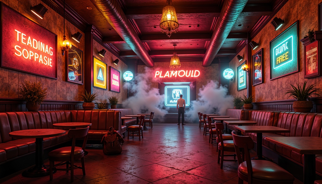 Prompt: Vibrant neon lights, retro-futuristic atmosphere, bold geometric shapes, distressed textures, eclectic pattern mixing, rich wood accents, worn leather upholstery, ornate metal fixtures, nostalgic vintage signage, warm golden lighting, cinematic smoke effects, 3/4 composition, shallow depth of field, panoramic view, realistic reflections, ambient occlusion.