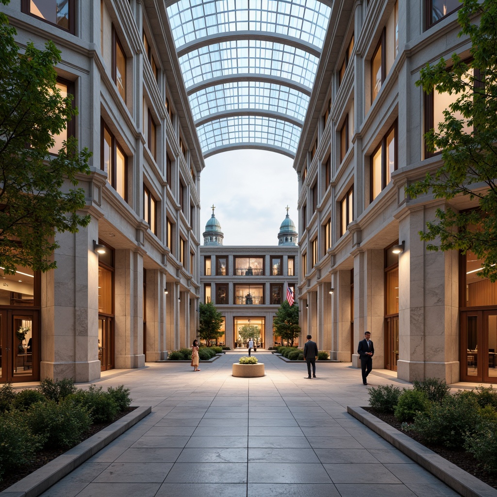 Prompt: Grand courthouse entrance, neoclassical columns, ornate stone carvings, symmetrical facade, fusion of modern and historical elements, sleek glass atrium, cantilevered rooflines, subtle LED lighting, American flag installations, landscaped courtyards, granite flooring, wooden accents, natural light pouring in, high ceilings, 1-point perspective, shallow depth of field, warm color palette, realistic textures.