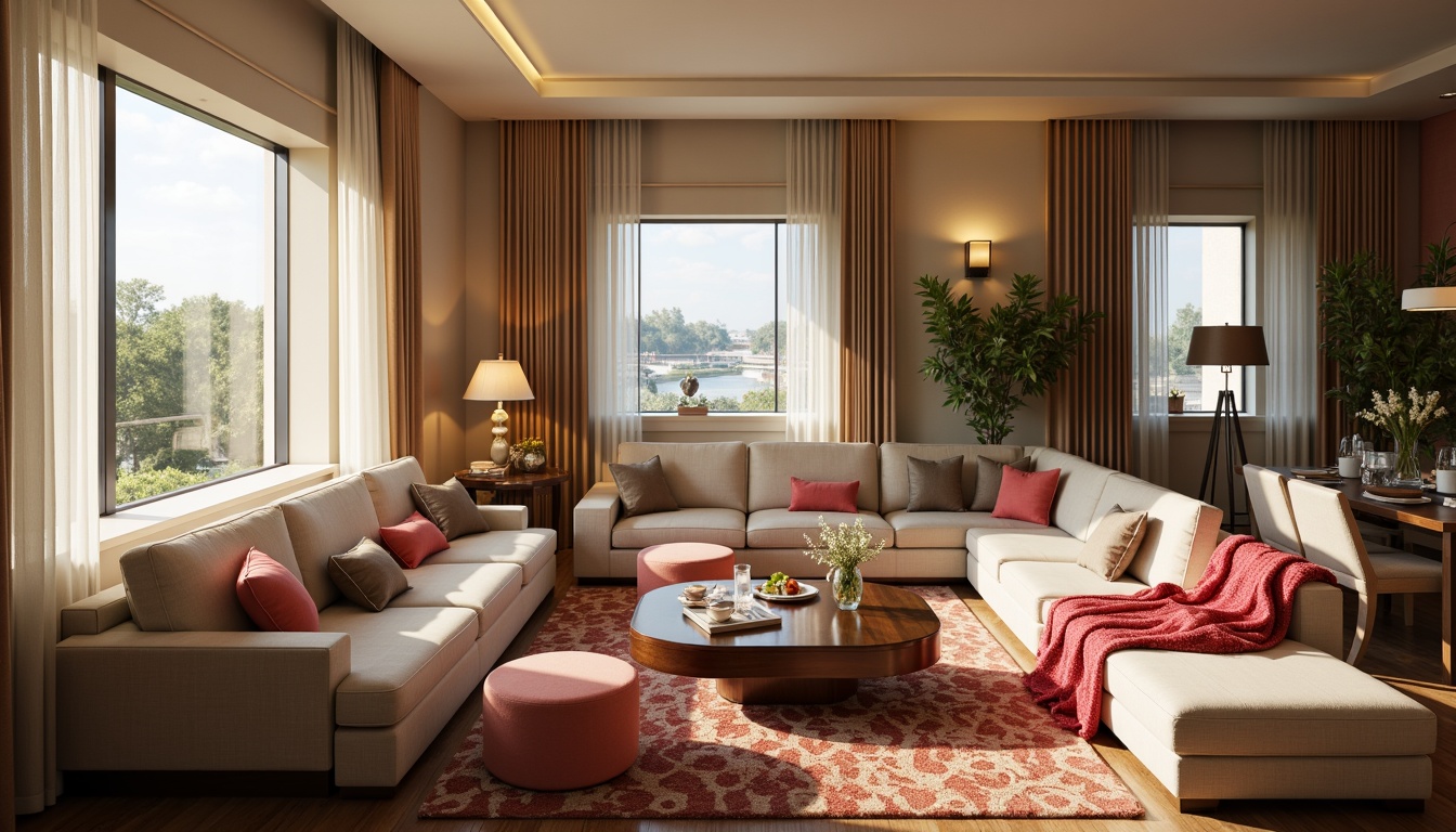 Prompt: Luxurious living room, plush sofas, velvety armchairs, sleek coffee tables, rich wood flooring, warm ambient lighting, cozy throw blankets, vibrant accent pillows, elegant curtains, floor-to-ceiling windows, modern minimalist decor, soft pastel colors, comfortable ottomans, stylish rug patterns, inviting atmosphere, relaxed seating arrangement, 1/2 composition, shallow depth of field, warm golden lighting.