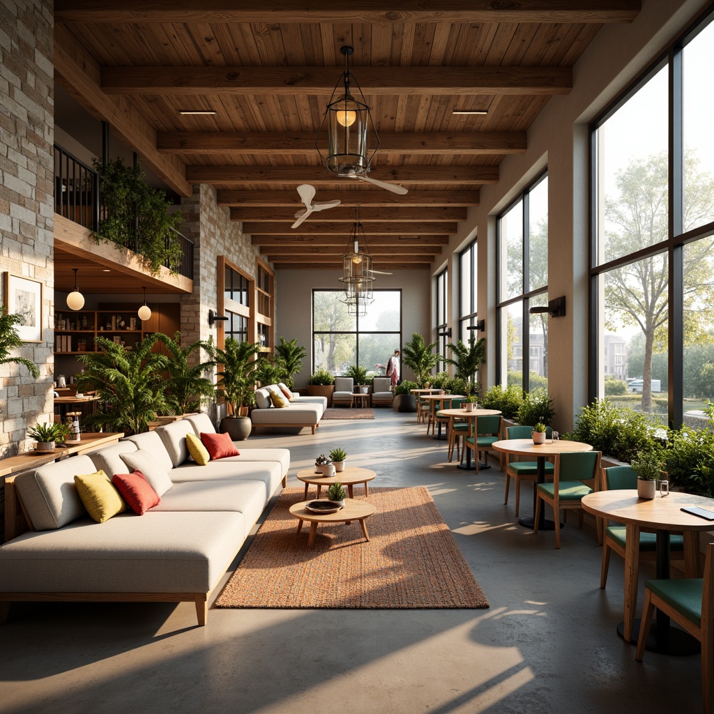 Prompt: Cozy coffee shop, warm wooden accents, plush sofas, rustic tables, pendant lighting, soft pastel colors, eclectic art pieces, textured rugs, social housing community, open floor plan, natural stone walls, large windows, abundant greenery, morning sunlight, shallow depth of field, 1/1 composition, intimate atmosphere, realistic textures, ambient occlusion.