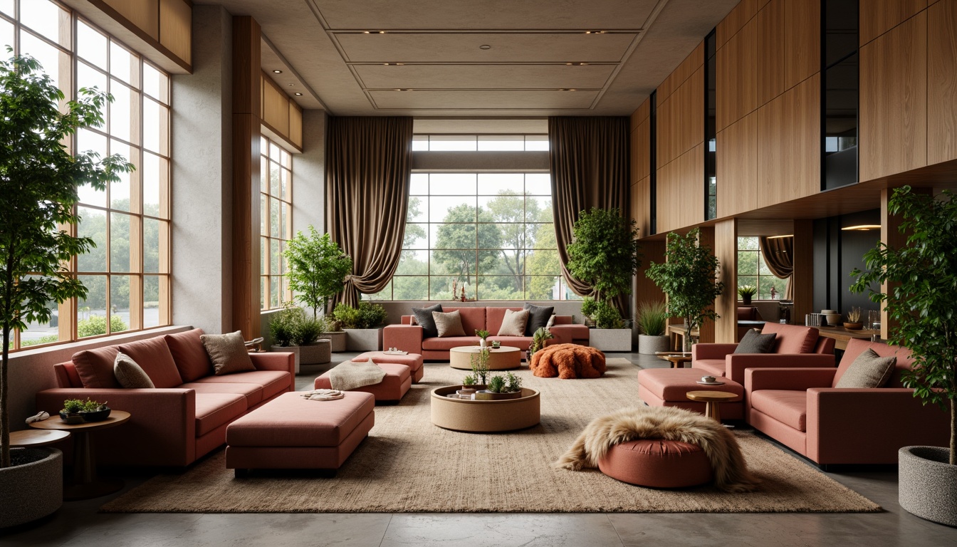 Prompt: Elegant lounge area, plush sofas, velvet armchairs, wooden coffee tables, minimalist decor, soft warm lighting, cozy throw blankets, vibrant green plants, floor-to-ceiling windows, natural stone flooring, luxurious fabrics, ergonomic seating, curved lines, symmetrical composition, 1/2 depth of field, realistic textures, ambient occlusion.