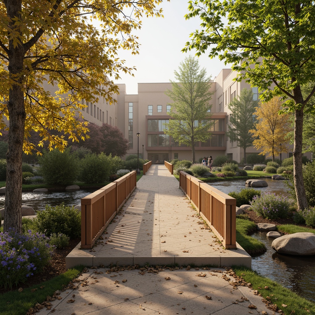 Prompt: Earth-toned bridge structure, natural stone foundations, wooden railings, vibrant greenery, blooming flowers, soft moss, weathered steel accents, warm beige walkways, rustic wooden benches, organic curves, flowing water features, serene river surroundings, misty morning atmosphere, soft golden lighting, shallow depth of field, 1/2 composition, realistic textures, ambient occlusion.