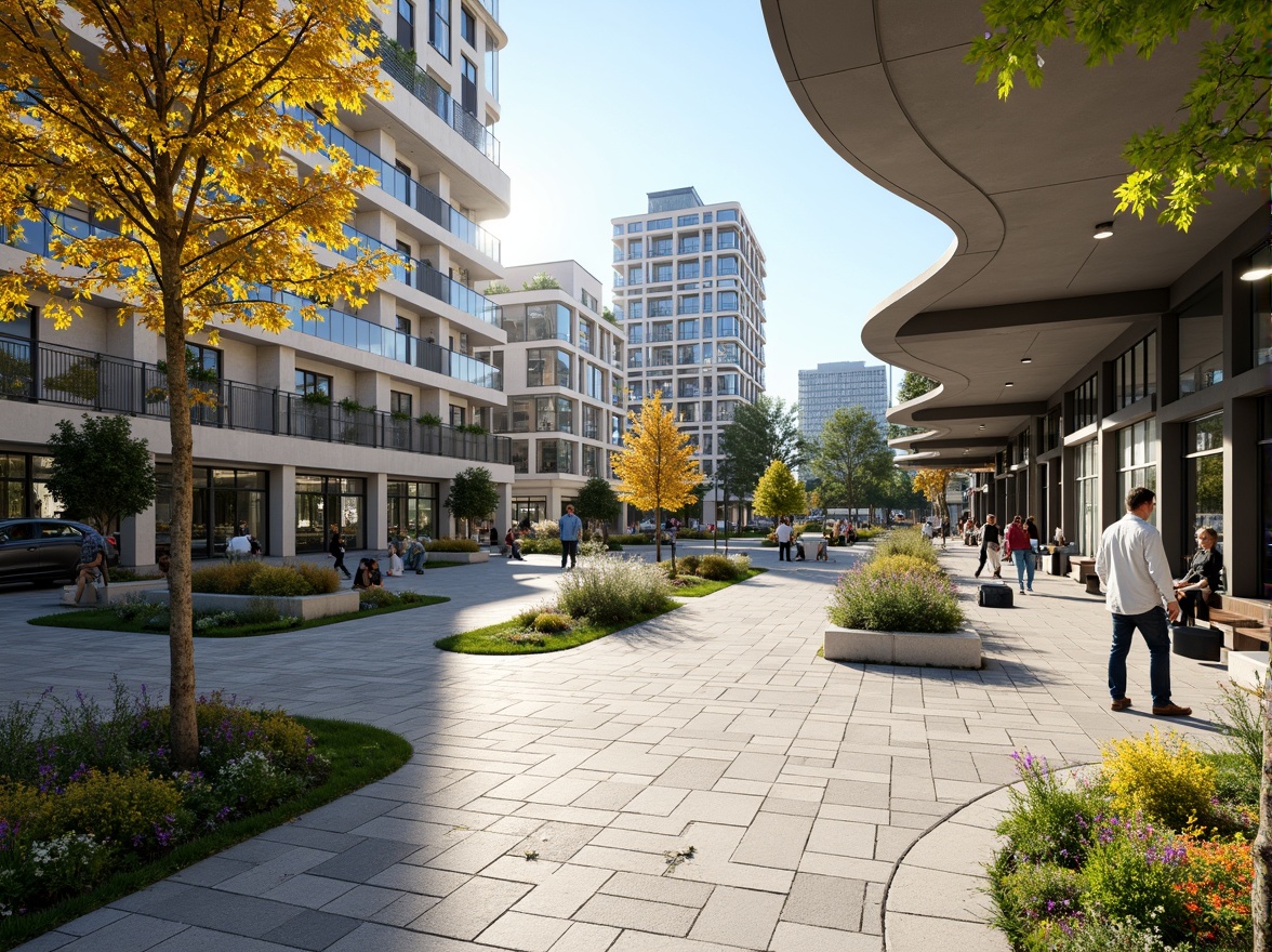 Prompt: Vibrant bus station plaza, lush greenery, blooming flowers, natural stone paving, modern curved lines, large canopy roofs, glass fa\u00e7ades, energy-efficient lighting, public art installations, comfortable seating areas, pedestrian-friendly zones, bicycle parking facilities, dynamic cityscape views, warm sunny day, soft shadows, shallow depth of field, 2/3 composition, realistic textures, ambient occlusion.