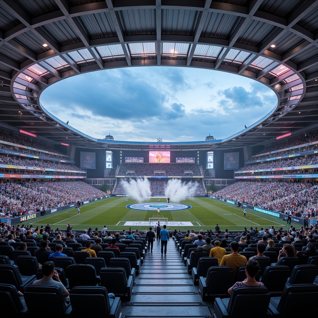 Prompt: Futuristic soccer stadium, sleek curved lines, metallic silver exterior, LED scoreboard, vibrant neon lights, tiered seating arrangement, ergonomic chairs, premium leather upholstery, futuristic tunnel entrance, atmospheric misting system, dynamic crowd simulation, realistic player animations, low-poly 3D models, high-dynamic-range rendering, cinematic camera angles, shallow depth of field, 2/3 composition, panoramic view, ambient occlusion, real-time lighting effects.