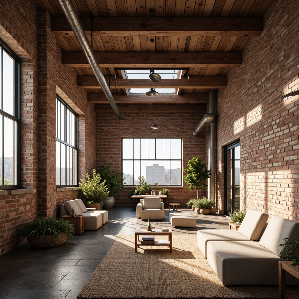 Prompt: Industrial chic loft, exposed brick walls, high ceilings, wooden beams, metal pipes, minimalist decor, large windows, skylights, clerestory windows, sliding glass doors, open floor plan, natural textiles, earthy color palette, soft warm lighting, morning sunlight, dramatic shadows, 1/1 composition, realistic textures, ambient occlusion.