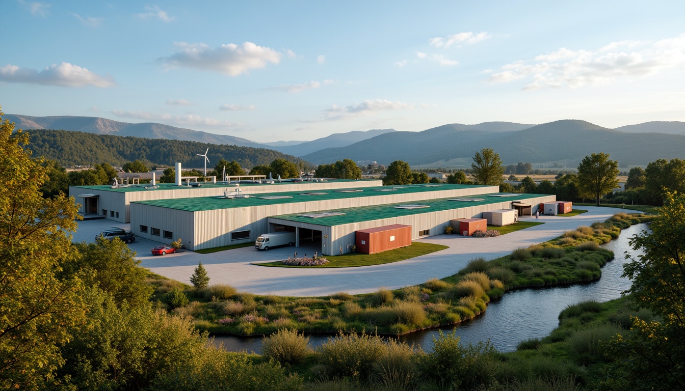 Prompt: Rustic distribution center, industrial architecture, metal cladding, green roofs, solar panels, wind turbines, loading docks, cargo containers, modern logistics systems, efficient warehouse management, surrounding natural landscape, rolling hills, wildflowers, meandering streams, deciduous trees, blue skies, soft warm lighting, shallow depth of field, 3/4 composition, panoramic view, realistic textures, ambient occlusion.