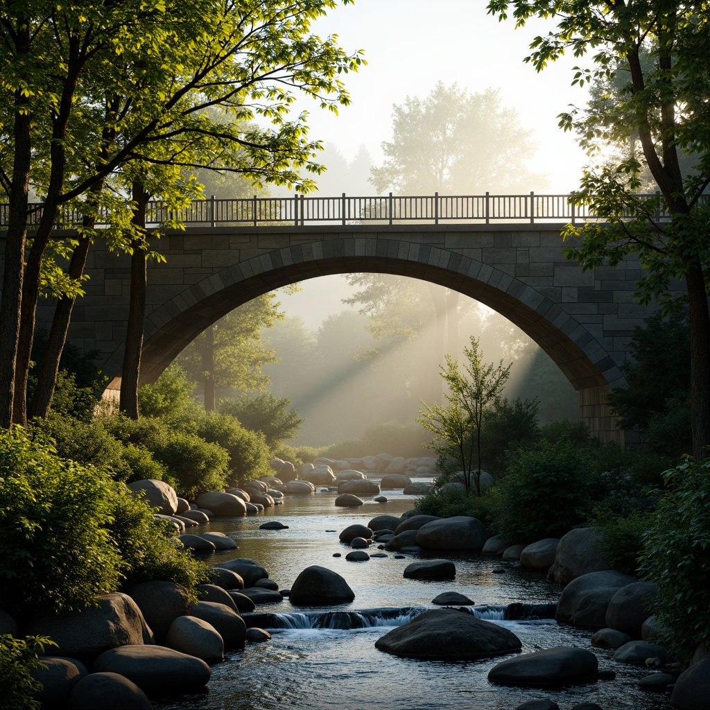 Prompt: Curved bridge silhouette, blending with lush greenery, natural stone foundations, wooden railings, organic forms, flowing watercourse, serene riverbank, misty morning atmosphere, warm sunlight filtering through trees, dappled shadows on water, soft focus background, 1/2 composition, low-angle shot, realistic textures, ambient occlusion.