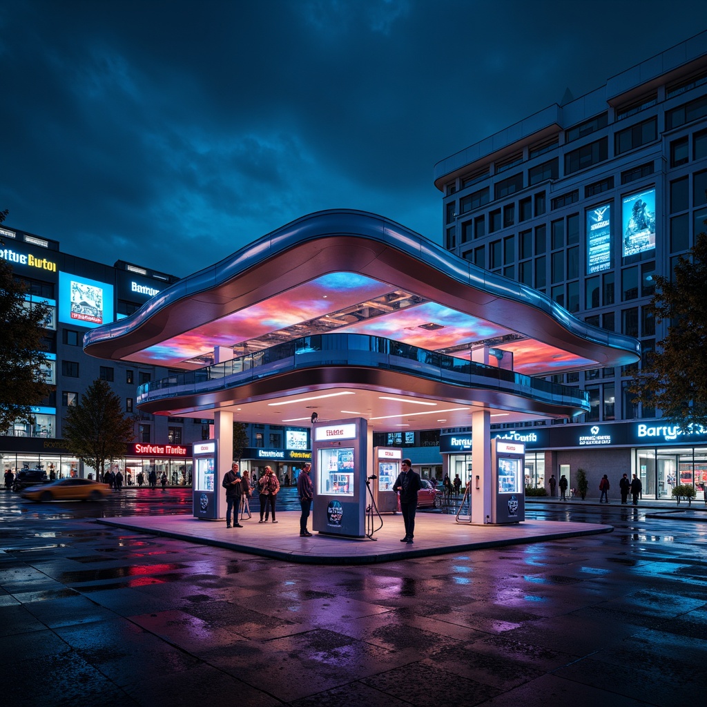 Prompt: Undulating gas station, curvaceous roofs, flowing lines, iridescent colors, metallic sheen, futuristic ambiance, neon lights, urban landscape, bustling cityscape, dramatic nighttime lighting, low-angle shot, symmetrical composition, high-contrast ratio, vibrant color grading, abstract reflections, sleek modern materials, glass and steel structures, avant-garde architecture, sci-fi inspiration.