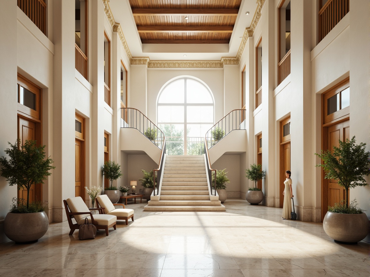 Prompt: Elegant hospital lobby, marble floors, grand staircase, ornate columns, symmetrical architecture, neoclassical facade, creamy white walls, polished wooden accents, luxurious furnishings, subtle gold ornaments, serene natural light, warm beige tones, soft indirect lighting, 1/1 composition, realistic textures, ambient occlusion.