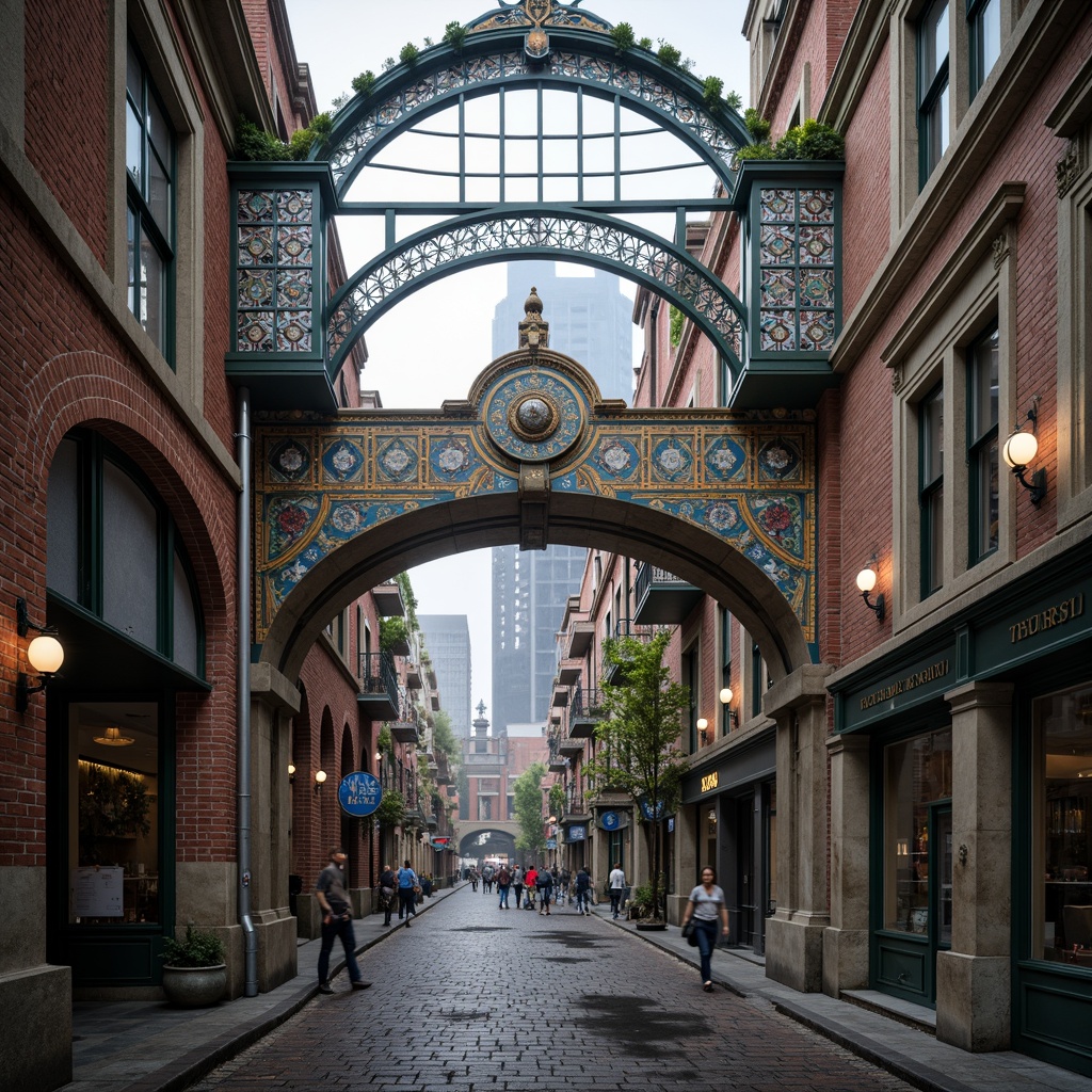 Prompt: Ornate bridge, eclectic architectural style, fusion of historical elements, intricate ironwork, ornamental lamp posts, grand archways, majestic stone pillars, vibrant colorful tiles, decorative trusses, exposed brickwork, rustic wooden accents, industrial metal beams, dynamic curved lines, asymmetrical composition, dramatic lighting effects, misty atmosphere, shallow depth of field, 1/1 composition, realistic textures, ambient occlusion.