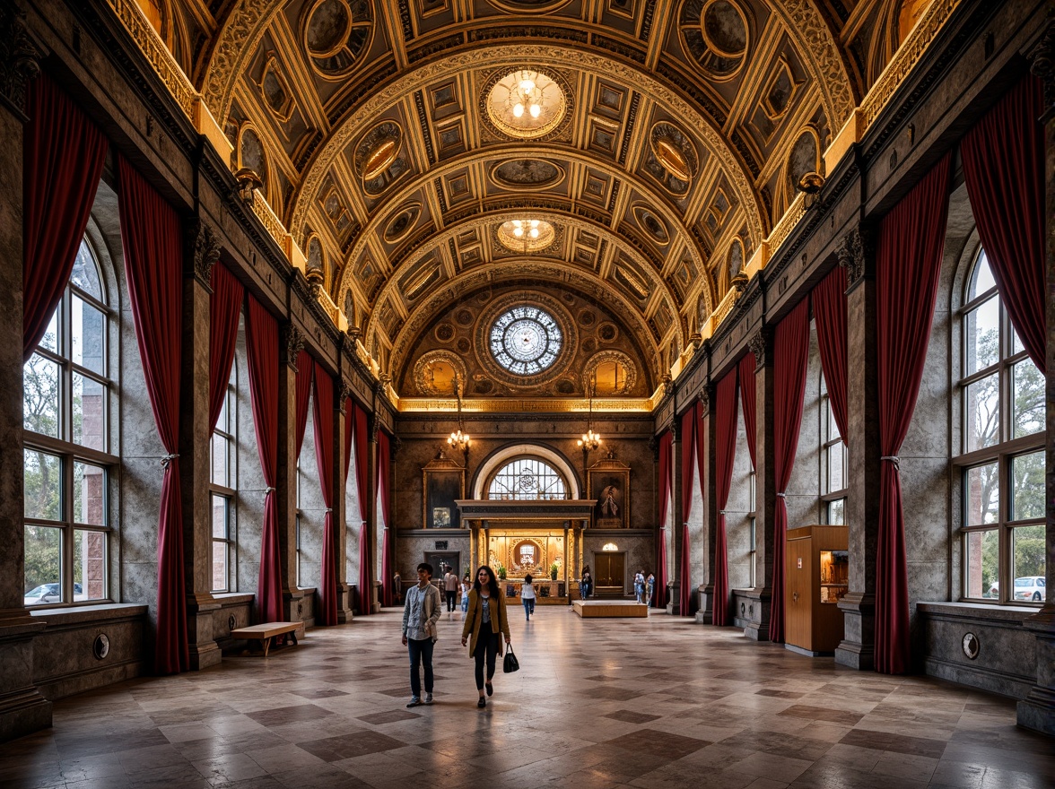 Prompt: Intricate Byzantine domes, ornate golden accents, majestic steel arches, grandiose vaulted ceilings, lavish mosaics, vibrant stained glass windows, imposing stone columns, polished marble floors, luxurious velvet drapes, mystical ambient lighting, shallow depth of field, 1/1 composition, symmetrical framing, realistic metallic textures, subtle atmospheric effects.