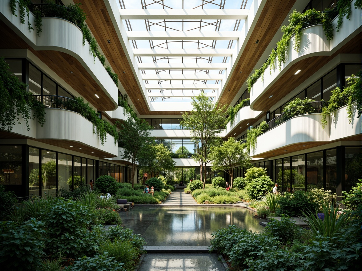 Prompt: Vibrant atrium, abundant greenery, clerestory windows, skylights, solar tubes, reflective surfaces, minimal obstructions, open floor plans, high ceilings, glass facades, transparent roofs, translucent walls, prismatic effects, warm ambient lighting, soft diffuse illumination, 1/1 composition, symmetrical framing, airy atmosphere, natural textures, organic materials, seamless transitions, minimalist decor, optimized shading systems.