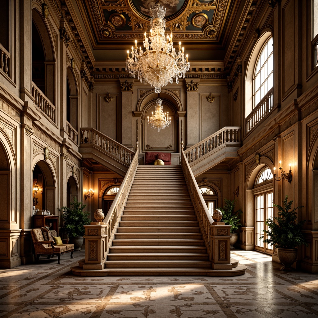 Prompt: Ornate grand staircase, crystal chandelier, lavish frescoes, intricately carved wooden panels, ornamental mirrors, regal throne room, majestic archways, opulent drapery, glass mosaic flooring, beveled glass doors, stained glass windows, radiant lighting, warm golden tones, dramatic shadows, 1/1 composition, symmetrical framing, soft focus blur, realistic reflections.