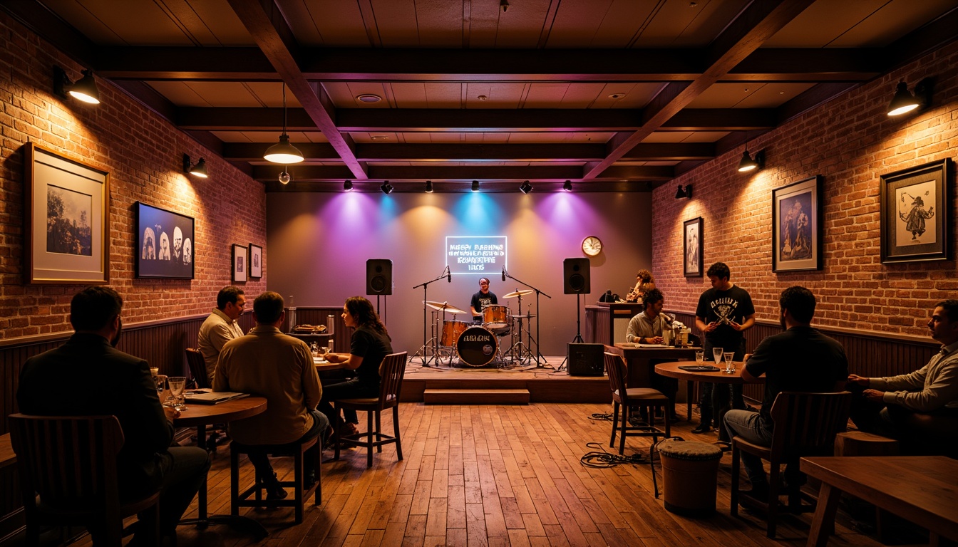 Prompt: Intimate music venue, wooden stage, sound-absorbing panels, acoustic ceiling treatment, optimal speaker placement, crystal-clear sound quality, warm ambiance, dimmable lighting, comfortable seating, rustic wooden flooring, exposed brick walls, vintage musical instruments, grand piano, drum sets, microphone stands, live performances, energetic crowds, vibrant color schemes, dynamic lighting effects, shallow depth of field, 3/4 composition, realistic textures, ambient occlusion.