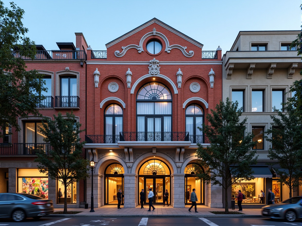 Prompt: Grand opera house facade, ornate details, Victorian-era architecture, social housing complex, red brick exterior, white stone ornaments, grand entrance archways, large windows with intricate metalwork, ornamental balconies, vibrant street art murals, lively community atmosphere, bustling city streets, warm evening lighting, shallow depth of field, 1/1 composition, realistic textures, ambient occlusion.