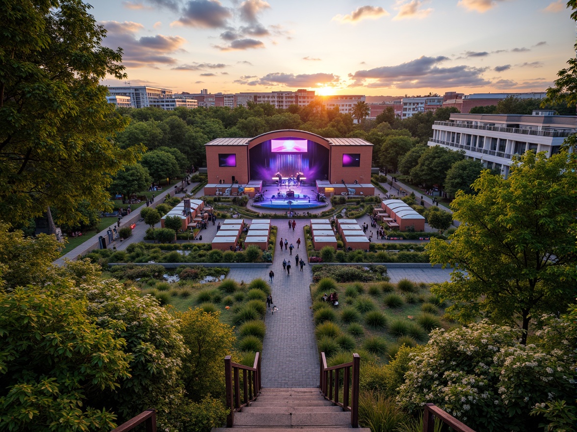 Prompt: Vibrant music venue, lush green roof, living walls, natural amphitheater, scenic overlooks, dramatic skylights, undulating landscape, meandering walkways, organic architecture, eco-friendly materials, sustainable design, outdoor performance spaces, stage lighting, misting systems, warm sunset ambiance, shallow depth of field, 1/2 composition, panoramic view, realistic textures, ambient occlusion.