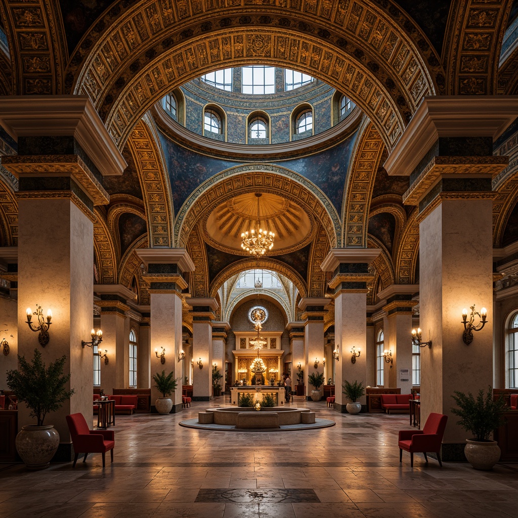 Prompt: Intricate stone arches, ornate mosaics, golden domes, grand basilicas, ornamental columns, marble floors, vaulted ceilings, Byzantine-inspired patterns, rich textiles, lavish furnishings, warm candlelight, soft warm colors, shallow depth of field, 3/4 composition, realistic textures, ambient occlusion.