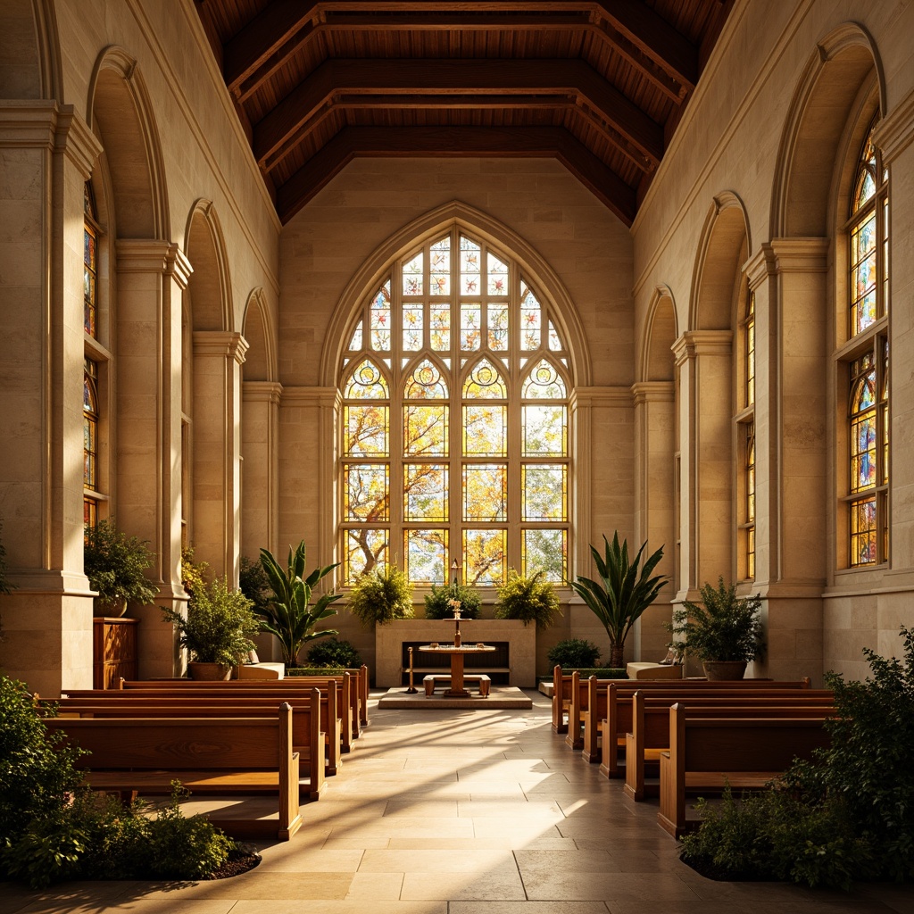 Prompt: Serene sacred space, warm beige stone walls, soft golden lighting, ornate wooden pews, vibrant stained glass windows, intricate Gothic arches, natural material textures, earthy tone color palette, harmonious balance of contrasts, asymmetrical composition, organic forms, fluid lines, botanical motifs, lush greenery, tranquil atmosphere, warm afternoon sunbeams, subtle shadows, realistic stone carvings, ambient occlusion, 1/1 composition, intimate focal point.