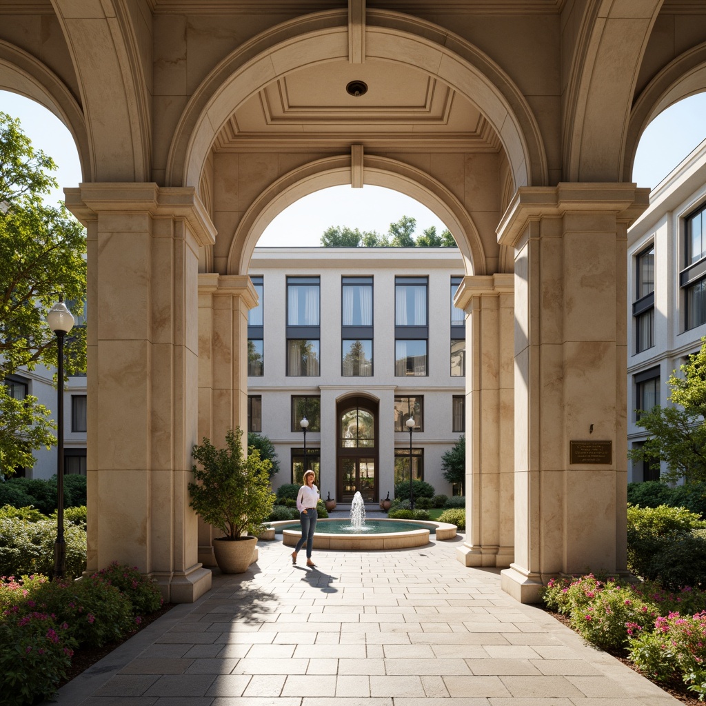 Prompt: Grand healthcare center, classical facade, symmetrical composition, ornate columns, carved stonework, grand entrance, sweeping arches, subtle moldings, soft beige stone walls, elegant bronze door handles, large windows, natural light pouring in, lush greenery, vibrant flowers, serene courtyard, calming water features, gentle fountain sounds, warm inviting atmosphere, shallow depth of field, 1/1 composition, realistic textures, ambient occlusion.