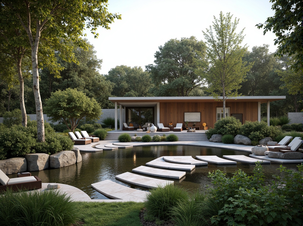 Prompt: Sleek pavilion, minimalist architecture, seamless landscape integration, lush greenery, natural stone walls, wooden accents, subtle lighting, shallow water features, stepping stones, curved pathways, modern sculptures, abstract art pieces, neutral color palette, earthy tones, organic shapes, blurred boundaries, harmonious coexistence, soft focus, 1/1 composition, atmospheric perspective, realistic textures, ambient occlusion.