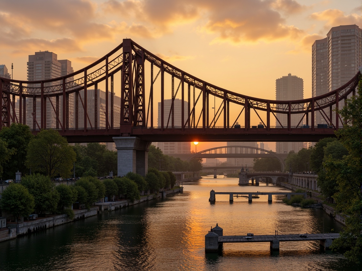 Prompt: Historic steel bridge, rustic metal beams, warm golden lighting, misty foggy atmosphere, serene river waterfront, lush green vegetation, natural stone piers, industrial architecture, bold vibrant colors, urban cityscape, dramatic sunset sky, low-key shadows, 1/2 composition, realistic textures, ambient occlusion.