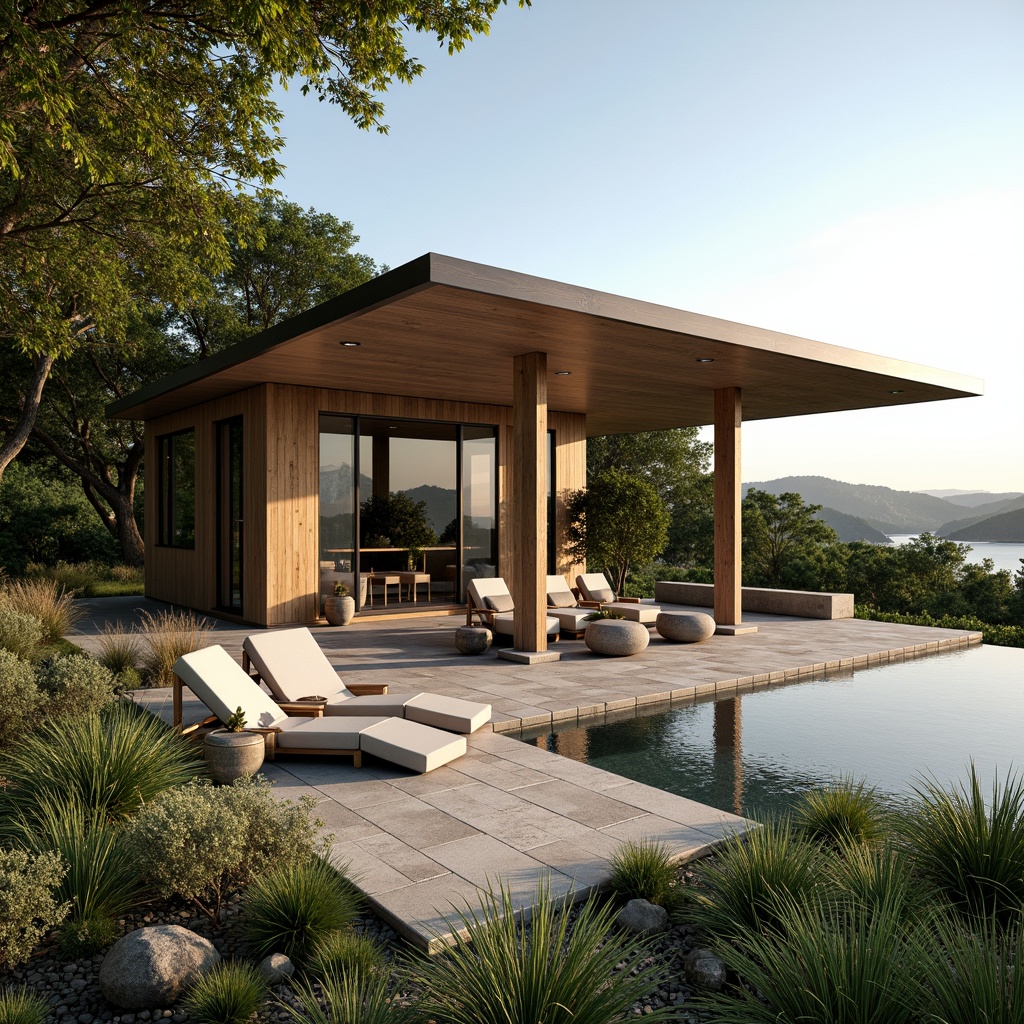 Prompt: Minimalist pavilion, sleek lines, neutral tones, natural stone flooring, wooden accents, floor-to-ceiling windows, sliding glass doors, lush greenery integration, surrounding landscape views, serene ambiance, soft warm lighting, shallow depth of field, 3/4 composition, panoramic view, realistic textures, ambient occlusion, subtle shadows, gentle breeze, peaceful atmosphere, harmonious blend with nature.