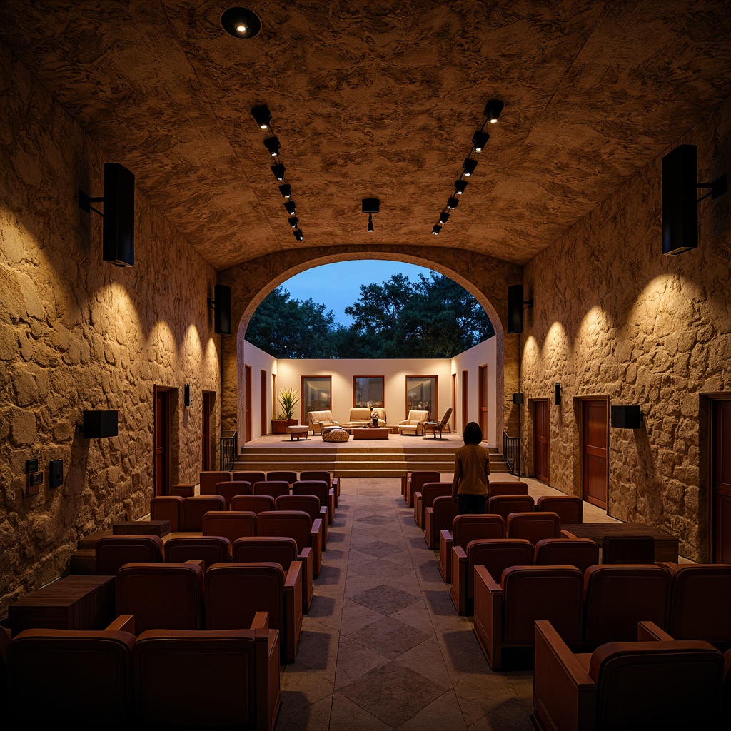 Prompt: Curved amphitheater seating, natural stone walls, wooden stage floor, suspended sound system, acoustic panels, reverberation reduction materials, intimate performance space, dramatic evening lighting, warm golden hour glow, shallow depth of field, 1/2 composition, soft focus background, realistic textures, ambient occlusion.