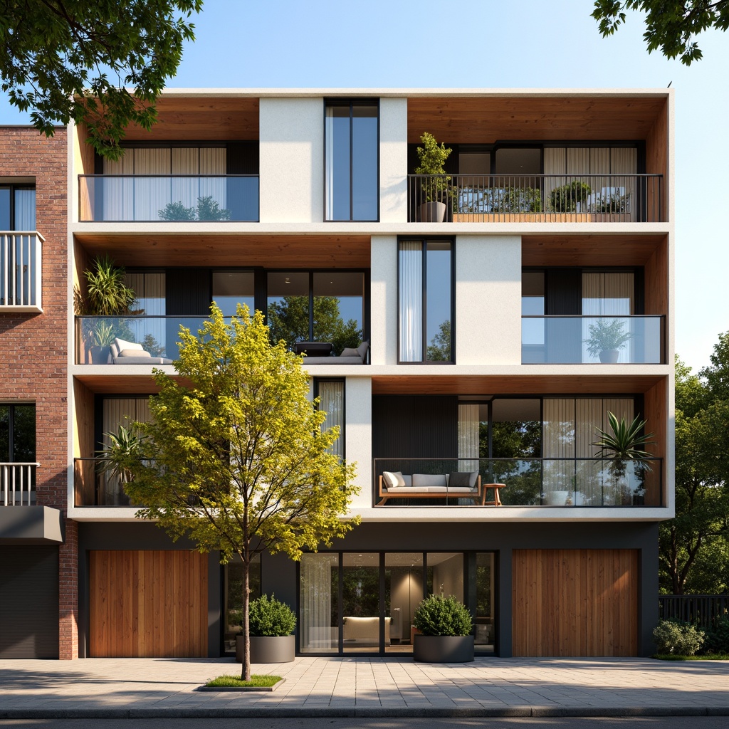 Prompt: Harmonious building facade, earthy tone brick walls, creamy white accents, rich wooden textures, sleek metal frames, vibrant greenery, warm natural lighting, soft shadows, subtle color gradations, 1/2 composition, realistic material reflections, ambient occlusion, sunny day, clear blue sky, urban cityscape, modern architectural style.