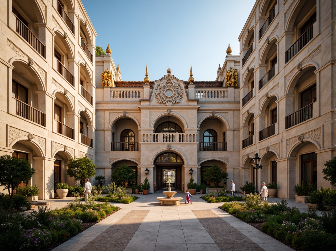 Prompt: Ornate Baroque palace, symmetrical facade, grandiose entrance, sweeping archways, intricate stone carvings, ornate balconies, gilded decorations, lavish fountains, manicured gardens, perfect bilateral symmetry, imposing scale, dramatic lighting, low-angle shot, 1/2 composition, rich textures, warm golden tones, afternoon sun, subtle shadowing.