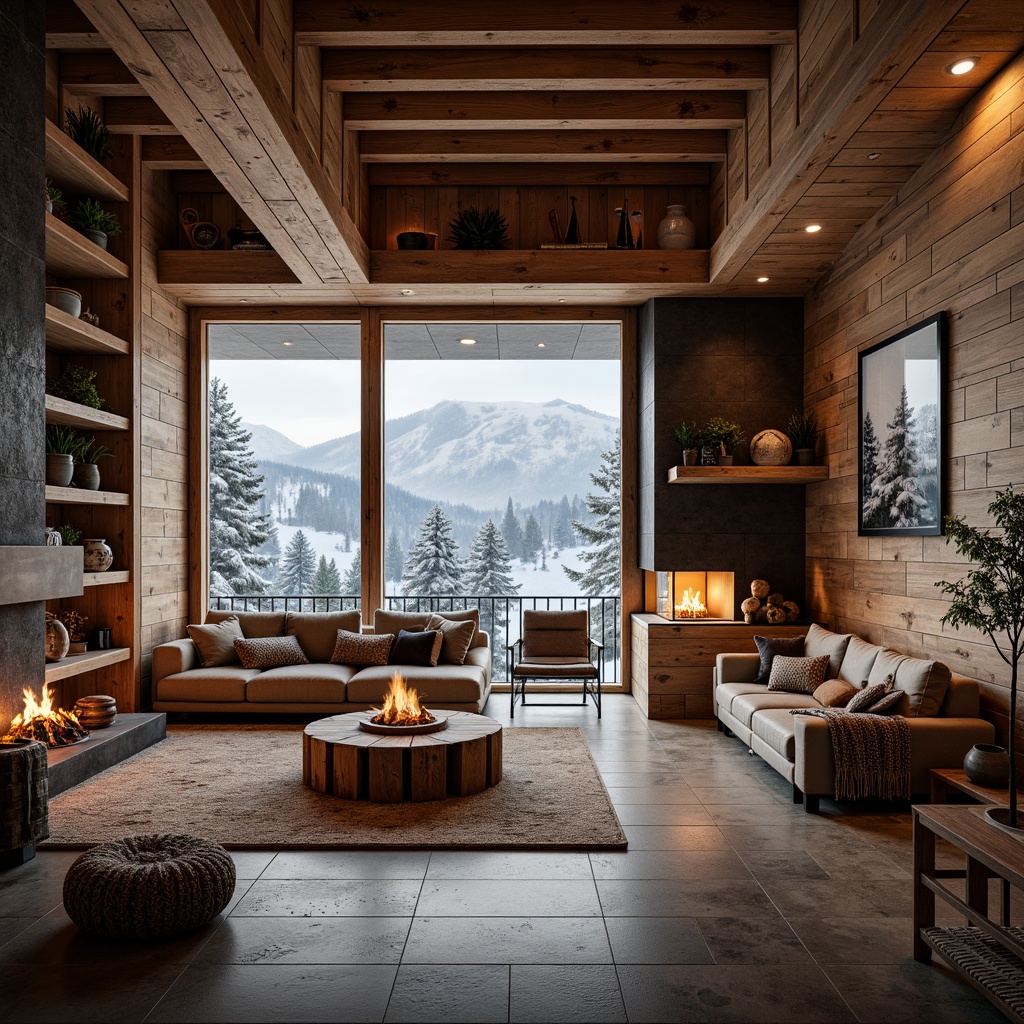 Prompt: Cozy ski lodge atmosphere, wooden accents, rustic decor, warm fireplaces, comfortable seating areas, ski-themed accessories, functional storage spaces, modern lighting fixtures, natural stone flooring, earthy color palette, snowy mountain views, large windows, panoramic vistas, warm color scheme, ambient lighting, 1/1 composition, shallow depth of field, realistic textures.