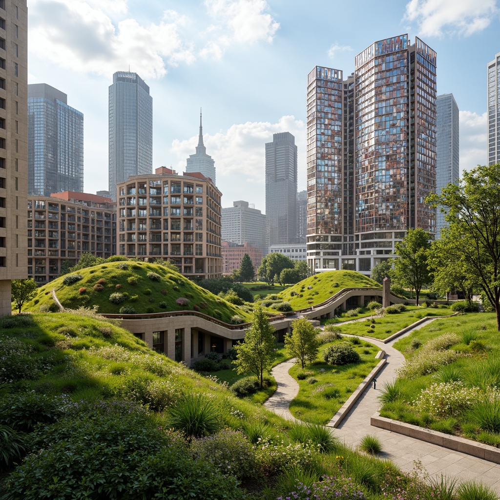 Prompt: Vibrant green roofs, undulating hills, meandering pathways, abstract sculptural buildings, geometric fragmented facades, metallic meshes, cantilevered volumes, dynamic angular lines, bold colorful accents, natural stone walls, reflective glass surfaces, futuristic skyscrapers, urban cityscape, sunny day, soft warm lighting, shallow depth of field, 3/4 composition, panoramic view, realistic textures, ambient occlusion.