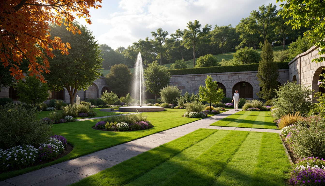 Prompt: Lush green lawns, vibrant flowerbeds, manicured hedges, ornate fountains, meandering pathways, rustic stone walls, majestic trees, colorful blooms, serene water features, natural rock formations, elegant statues, soft warm lighting, shallow depth of field, 3/4 composition, panoramic view, realistic textures, ambient occlusion.